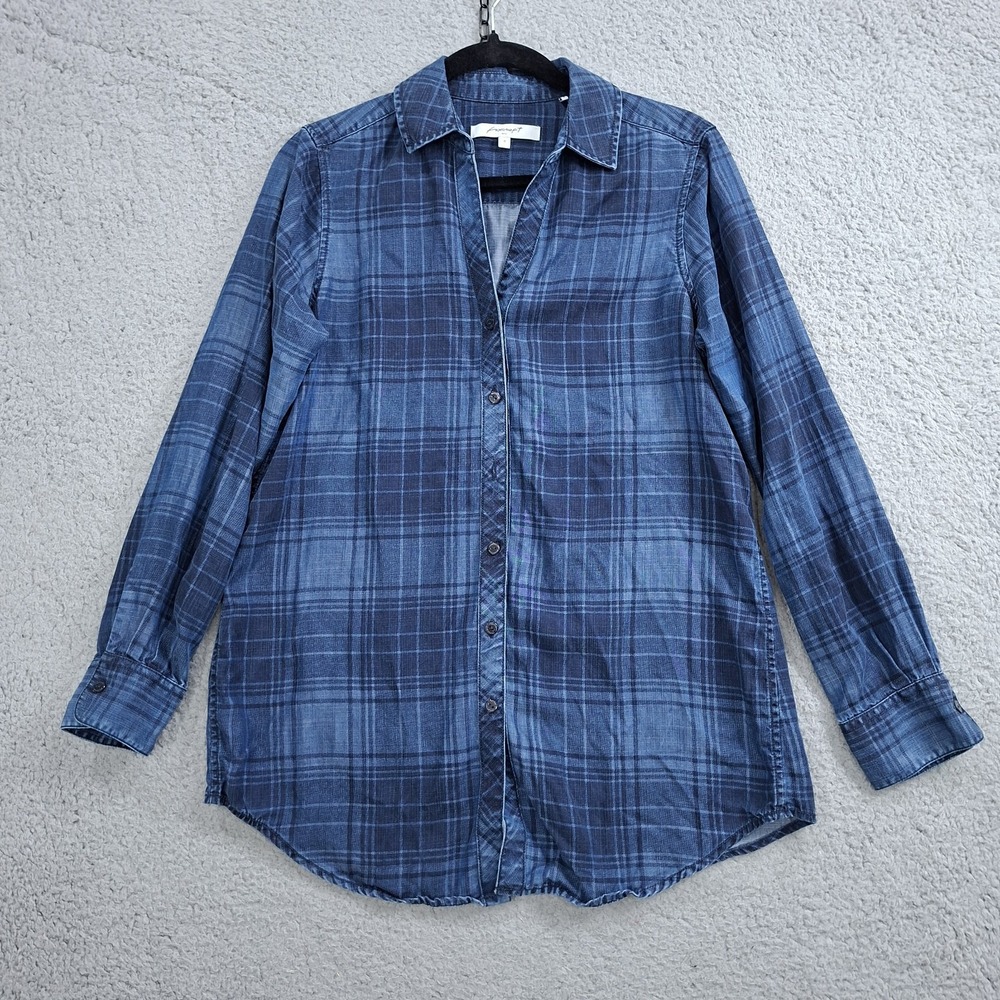 Foxcroft Womens 8 Plaid Button Up Shirt Blue Lyocell Long Sleeve Denim Blouse